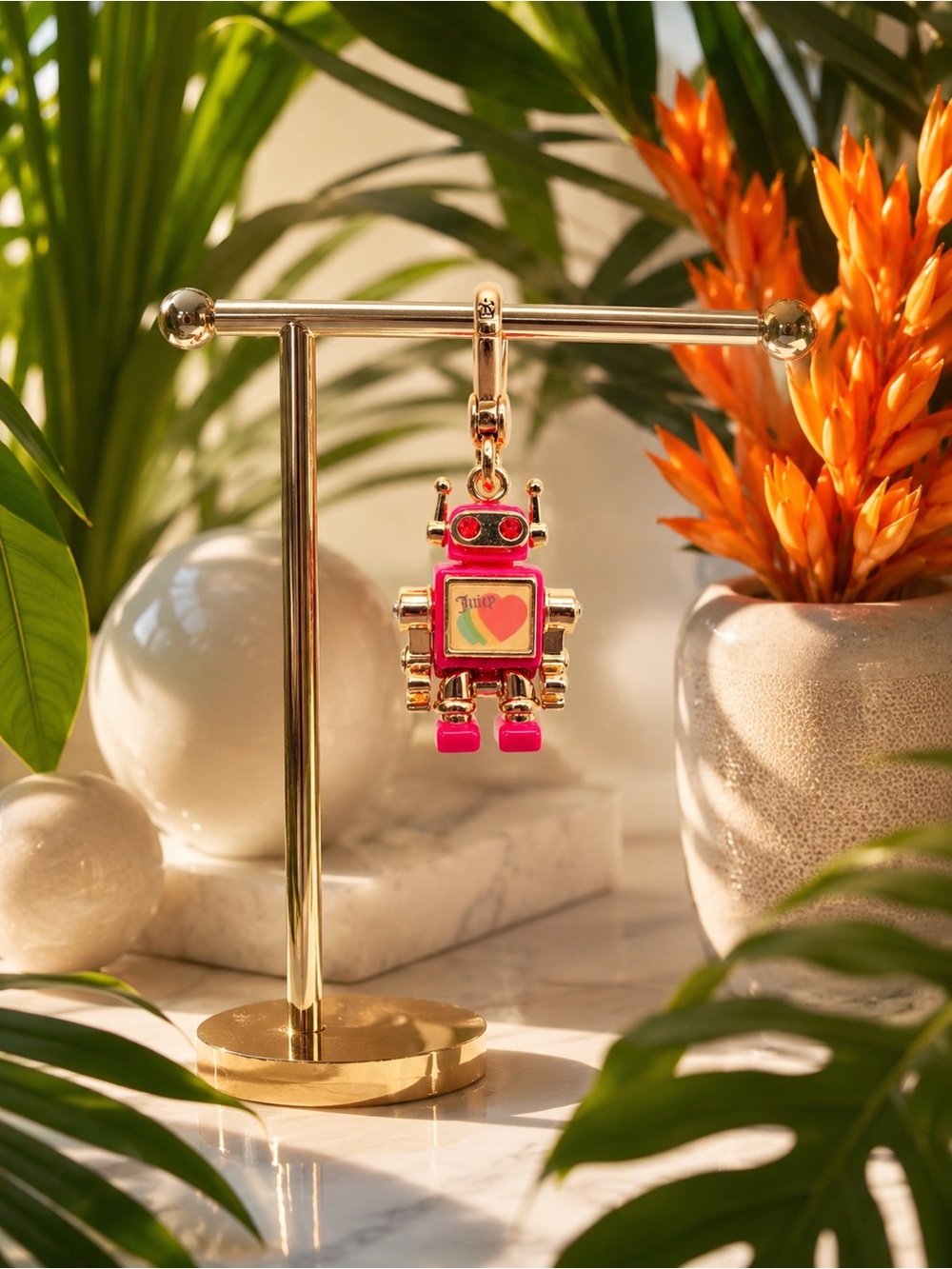 Juicy Couture Robot Charm – Pink & Gold Articulated Terrier Logo Bag Charm